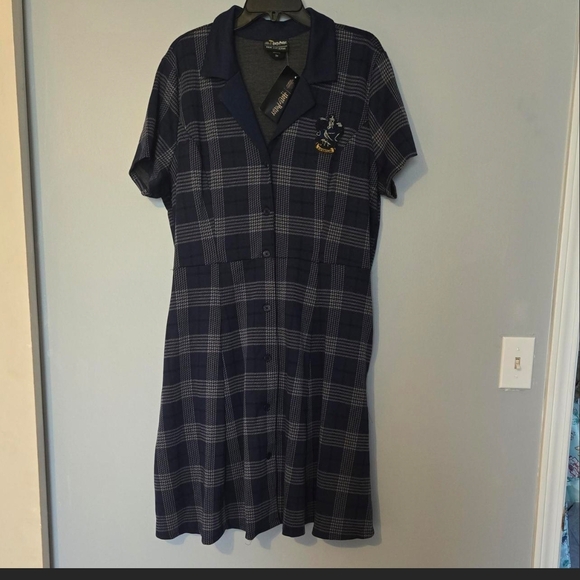 Harry Potter Ravenclaw Her Universe Navy and Gray Plaid Button Down Dress - Picture 2 of 5